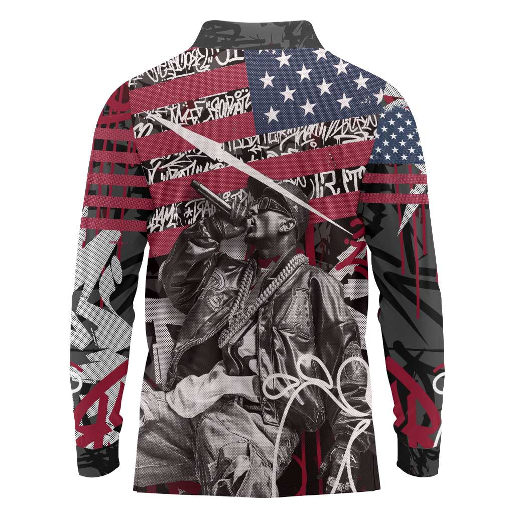 Hip Hop Graffiti Long Sleeve Polo Shirt with Rapper Portrait and American Flag Street Art - Wonder Print Shop