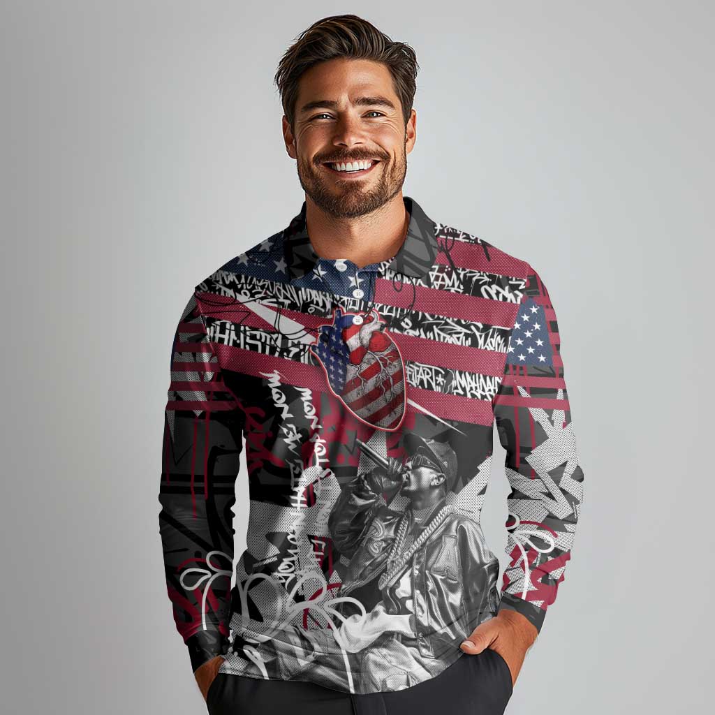 Hip Hop Graffiti Long Sleeve Polo Shirt with Rapper Portrait and American Flag Street Art - Wonder Print Shop