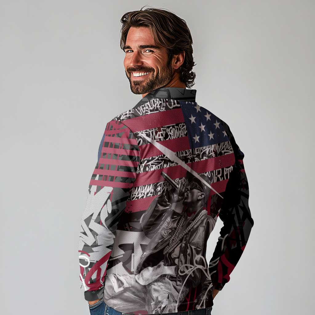 Hip Hop Graffiti Long Sleeve Polo Shirt with Rapper Portrait and American Flag Street Art - Wonder Print Shop