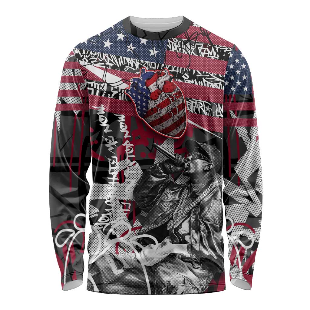 Hip Hop Graffiti Long Sleeve Shirt with Rapper Portrait and American Flag Street Art - Wonder Print Shop