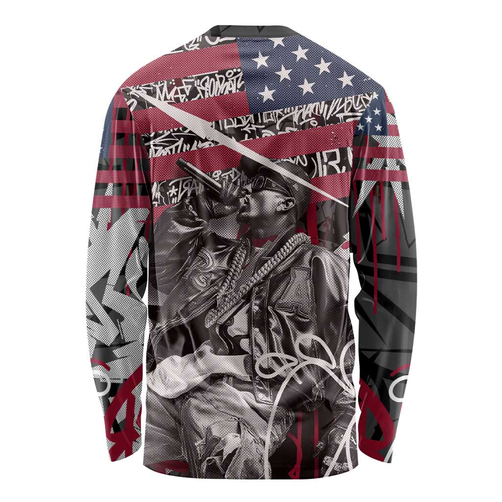 Hip Hop Graffiti Long Sleeve Shirt with Rapper Portrait and American Flag Street Art - Wonder Print Shop