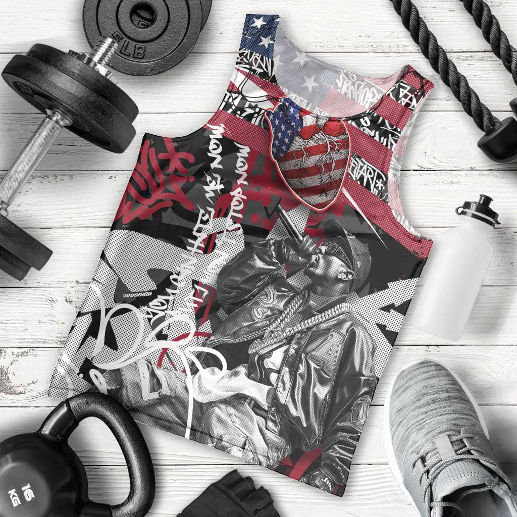 Hip Hop Graffiti Men Tank Top with Rapper Portrait and American Flag Street Art - Wonder Print Shop