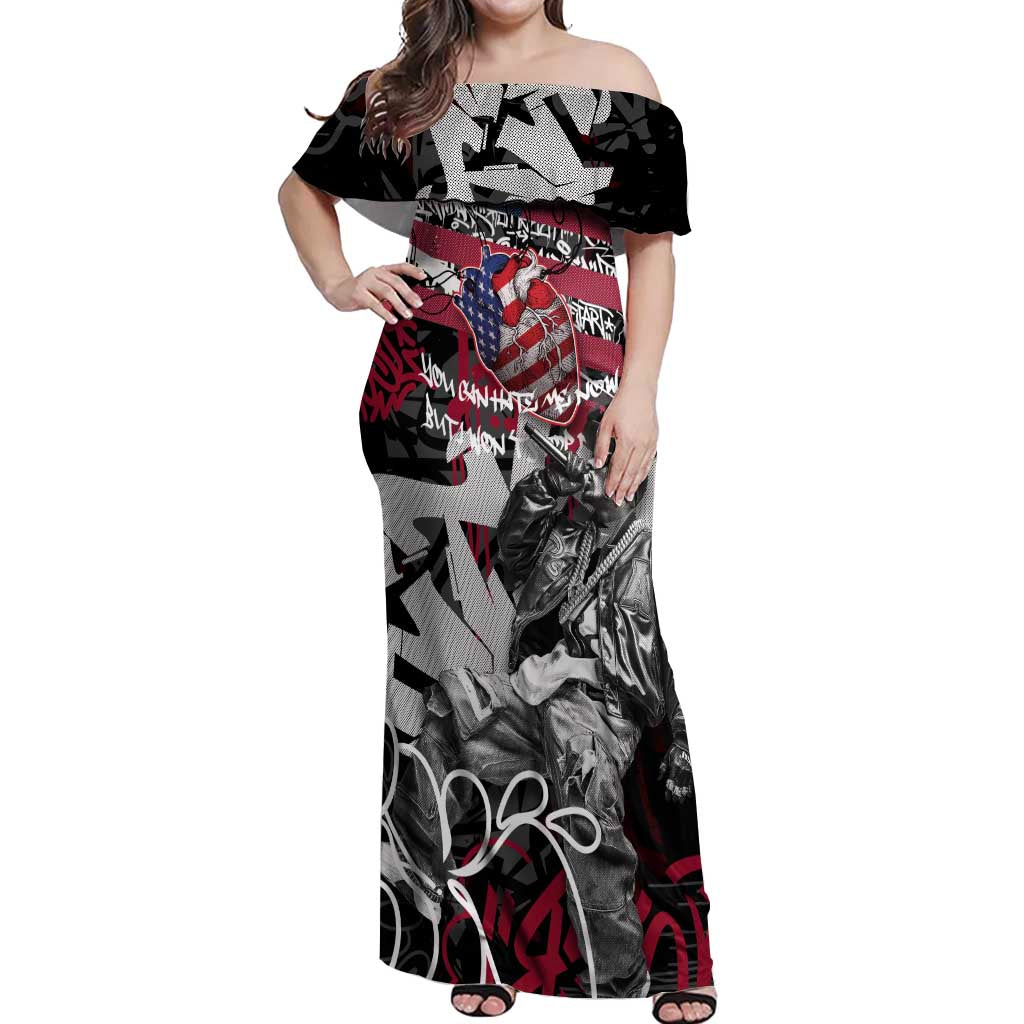 Hip Hop Graffiti Off Shoulder Maxi Dress with Rapper Portrait and American Flag Street Art - Wonder Print Shop