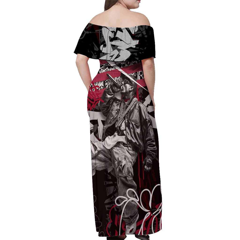 Hip Hop Graffiti Off Shoulder Maxi Dress with Rapper Portrait and American Flag Street Art - Wonder Print Shop