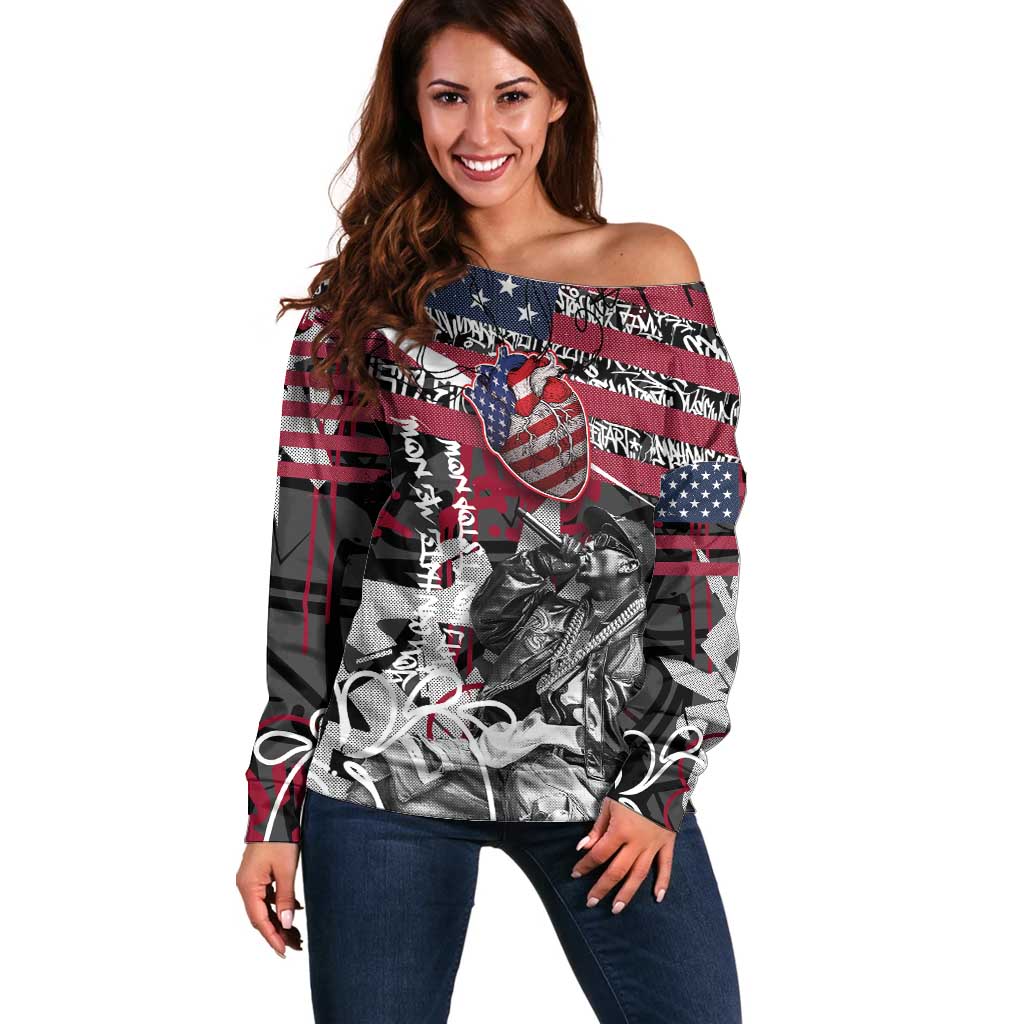 Hip Hop Graffiti Off Shoulder Sweater with Rapper Portrait and American Flag Street Art - Wonder Print Shop