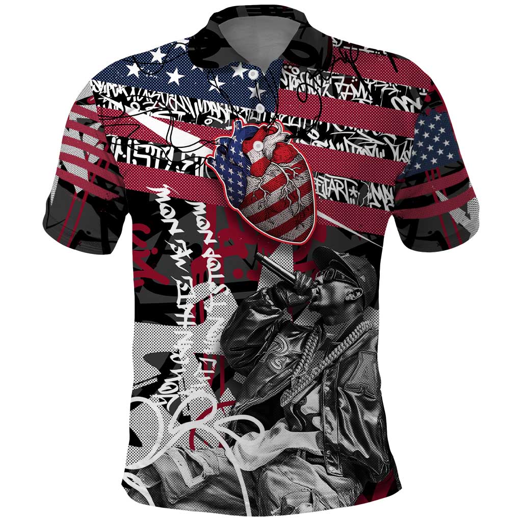 Hip Hop Graffiti Polo Shirt with Rapper Portrait and American Flag Street Art - Wonder Print Shop