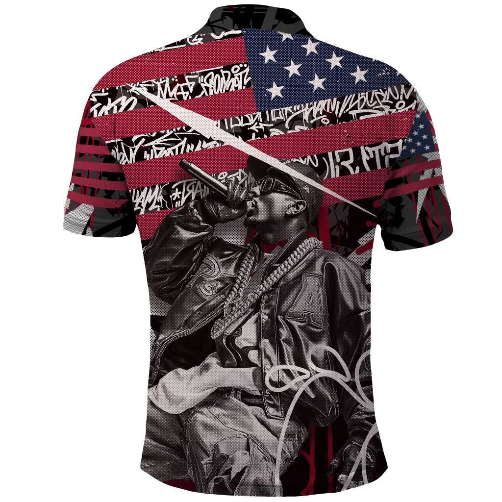 Hip Hop Graffiti Polo Shirt with Rapper Portrait and American Flag Street Art - Wonder Print Shop