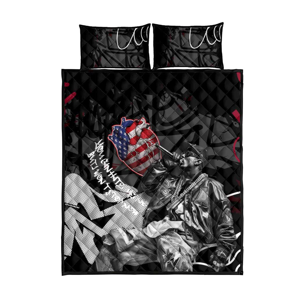 Hip Hop Graffiti Quilt Bed Set with Rapper Portrait and American Flag Street Art - Wonder Print Shop