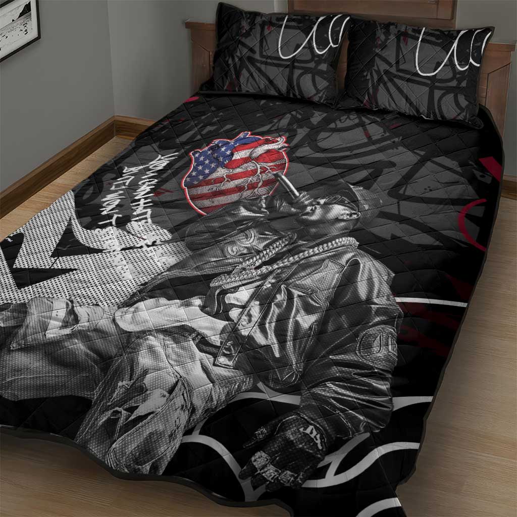 Hip Hop Graffiti Quilt Bed Set with Rapper Portrait and American Flag Street Art - Wonder Print Shop