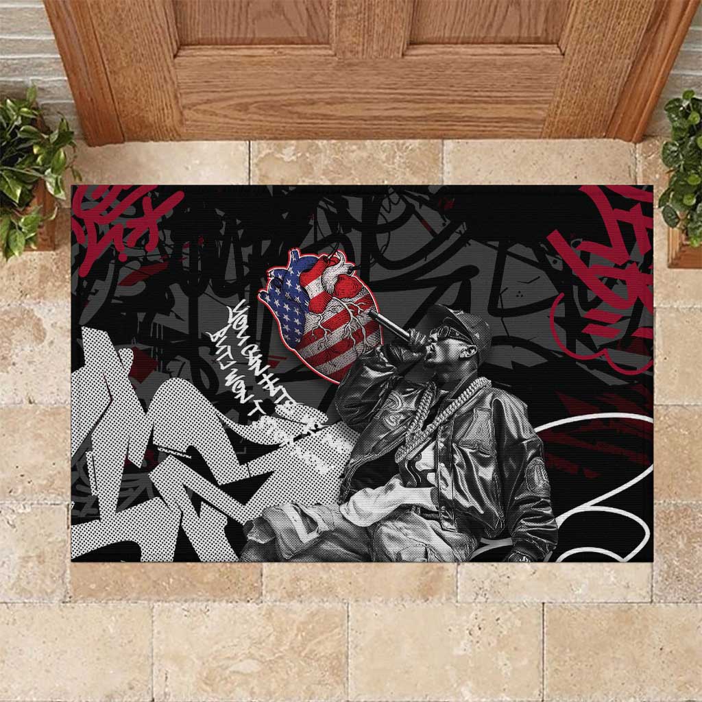Hip Hop Graffiti Rubber Doormat with Rapper Portrait and American Flag Street Art - Wonder Print Shop