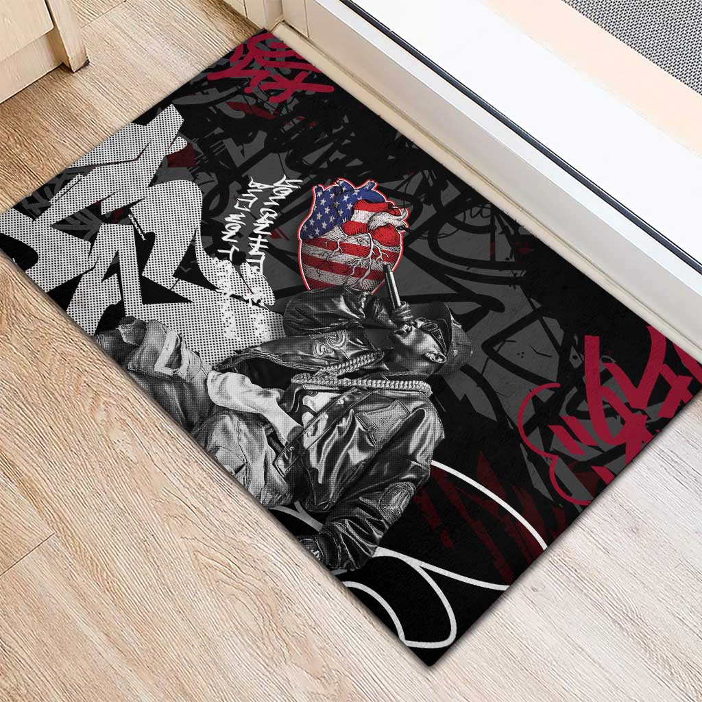 Hip Hop Graffiti Rubber Doormat with Rapper Portrait and American Flag Street Art - Wonder Print Shop