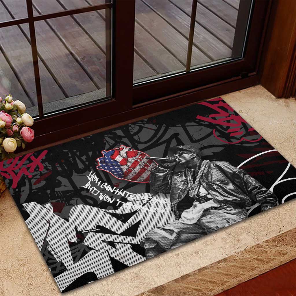 Hip Hop Graffiti Rubber Doormat with Rapper Portrait and American Flag Street Art - Wonder Print Shop