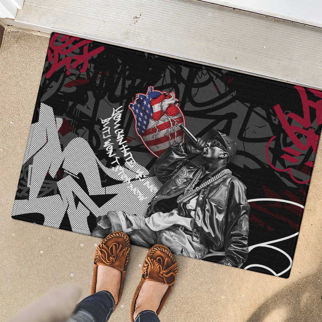 Hip Hop Graffiti Rubber Doormat with Rapper Portrait and American Flag Street Art - Wonder Print Shop