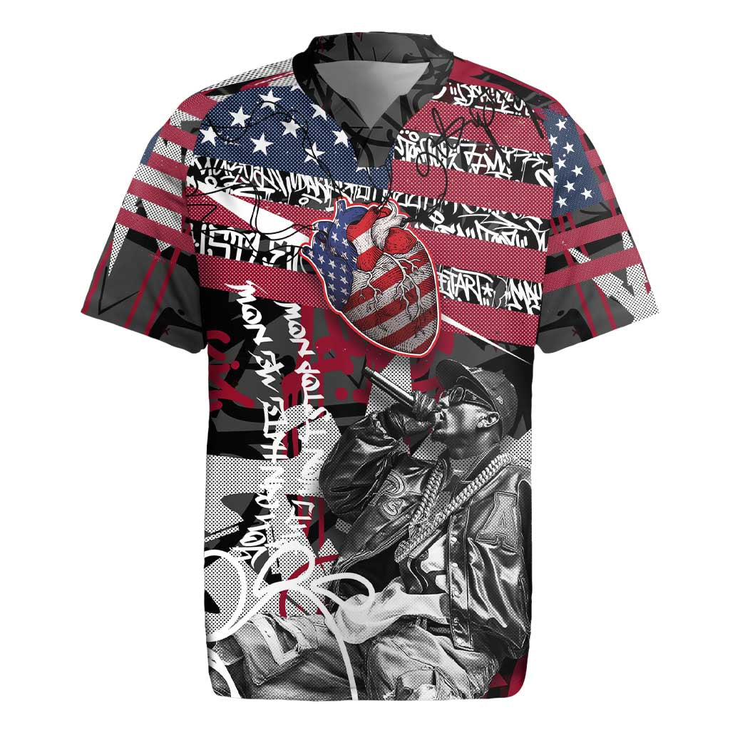Hip Hop Graffiti Rugby Jersey with Rapper Portrait and American Flag Street Art - Wonder Print Shop