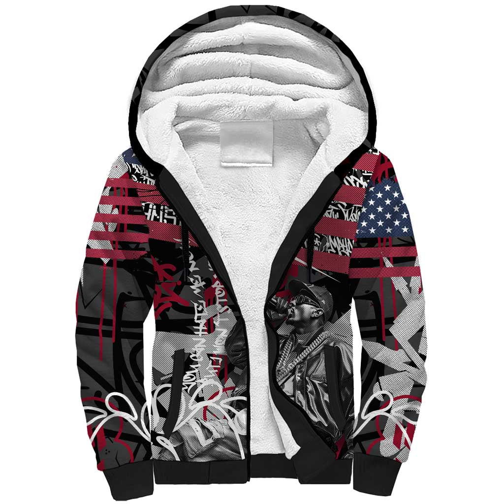 Hip Hop Graffiti Sherpa Hoodie with Rapper Portrait and American Flag Street Art - Wonder Print Shop