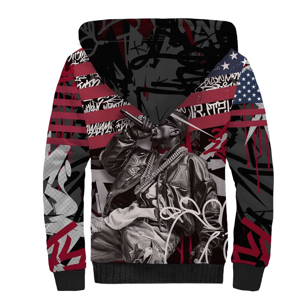Hip Hop Graffiti Sherpa Hoodie with Rapper Portrait and American Flag Street Art - Wonder Print Shop
