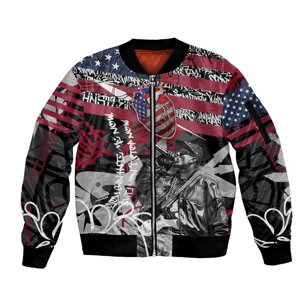 Hip Hop Graffiti Sleeve Zip Bomber Jacket with Rapper Portrait and American Flag Street Art - Wonder Print Shop