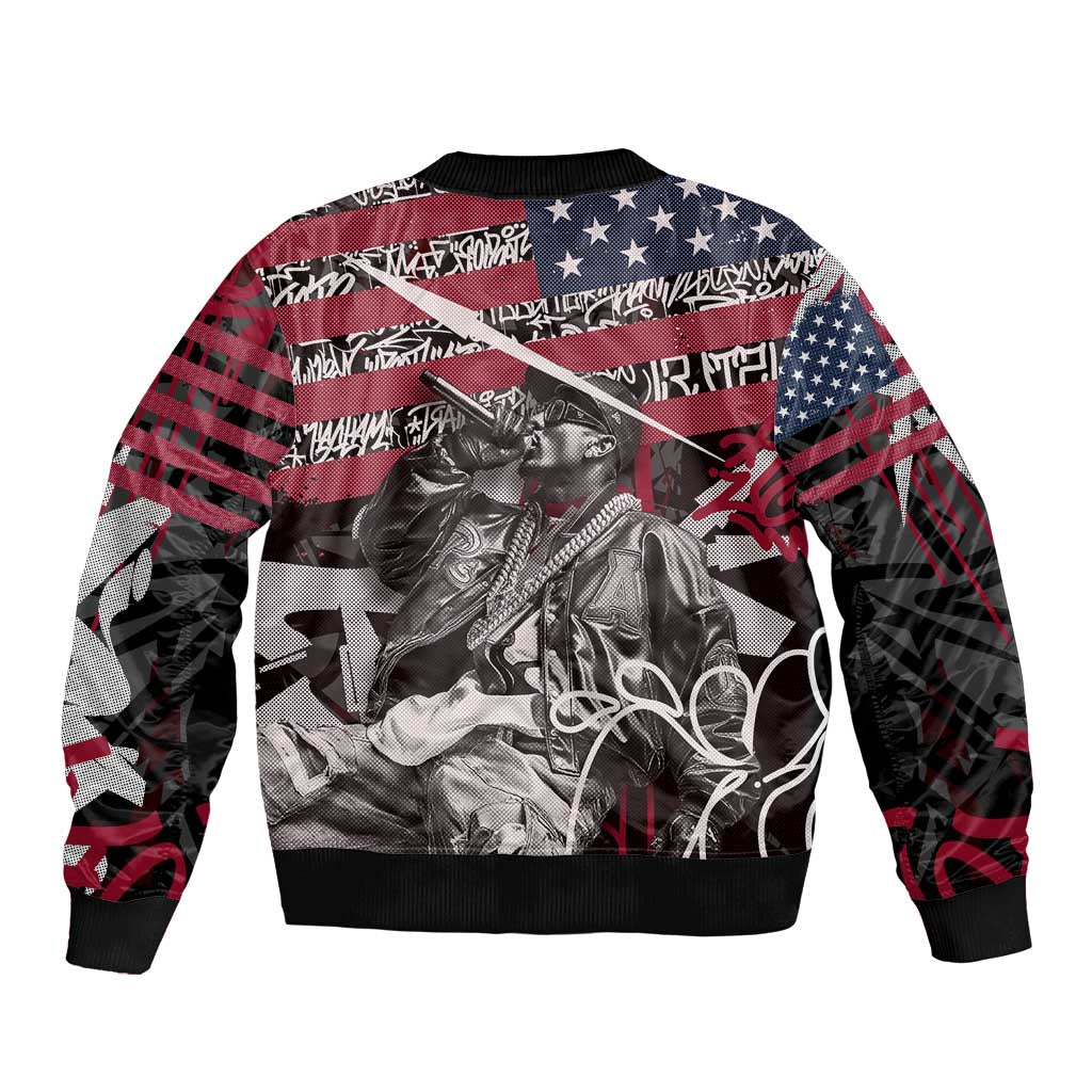 Hip Hop Graffiti Sleeve Zip Bomber Jacket with Rapper Portrait and American Flag Street Art - Wonder Print Shop