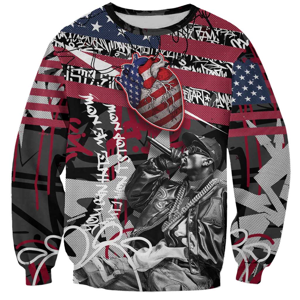 Hip Hop Graffiti Sweatshirt with Rapper Portrait and American Flag Street Art - Wonder Print Shop