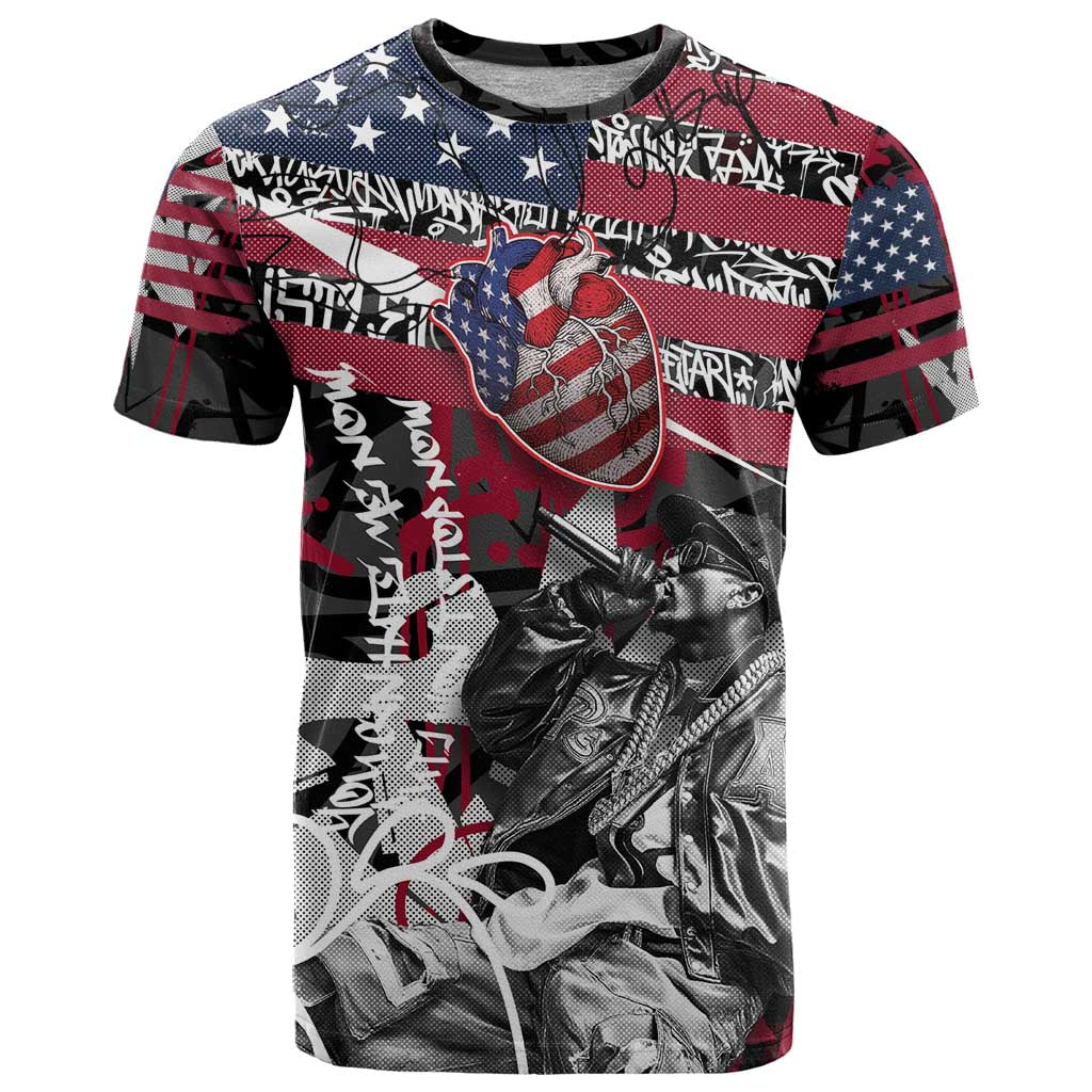 Hip Hop Graffiti T Shirt with Rapper Portrait and American Flag Street Art - Wonder Print Shop