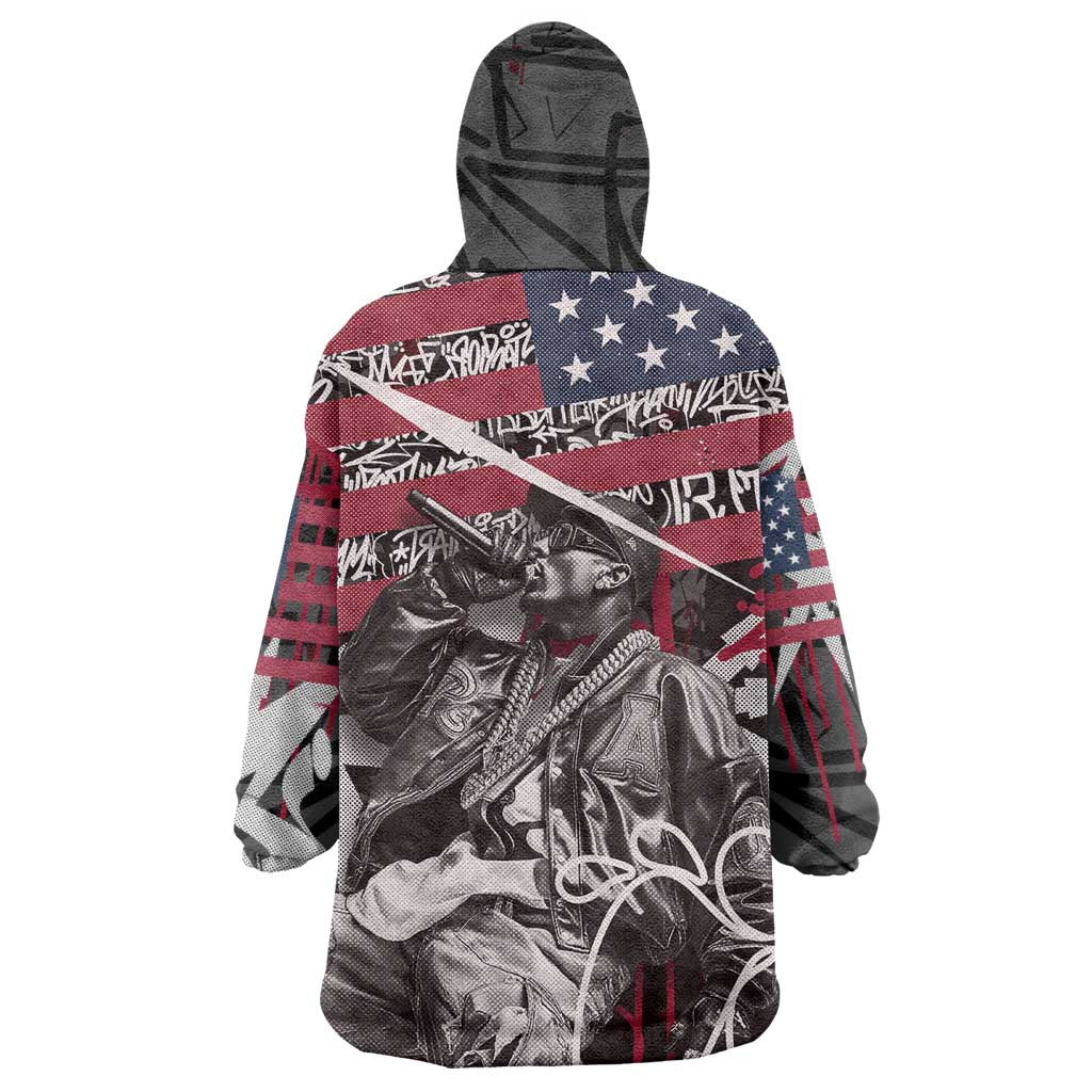 Hip Hop Graffiti Wearable Blanket Hoodie with Rapper Portrait and American Flag Street Art - Wonder Print Shop