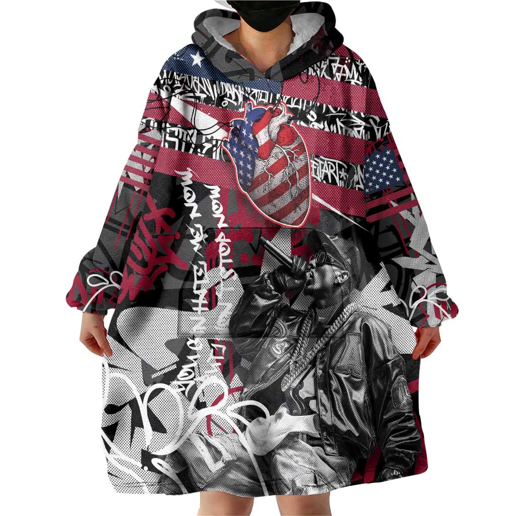 Hip Hop Graffiti Wearable Blanket Hoodie with Rapper Portrait and American Flag Street Art - Wonder Print Shop