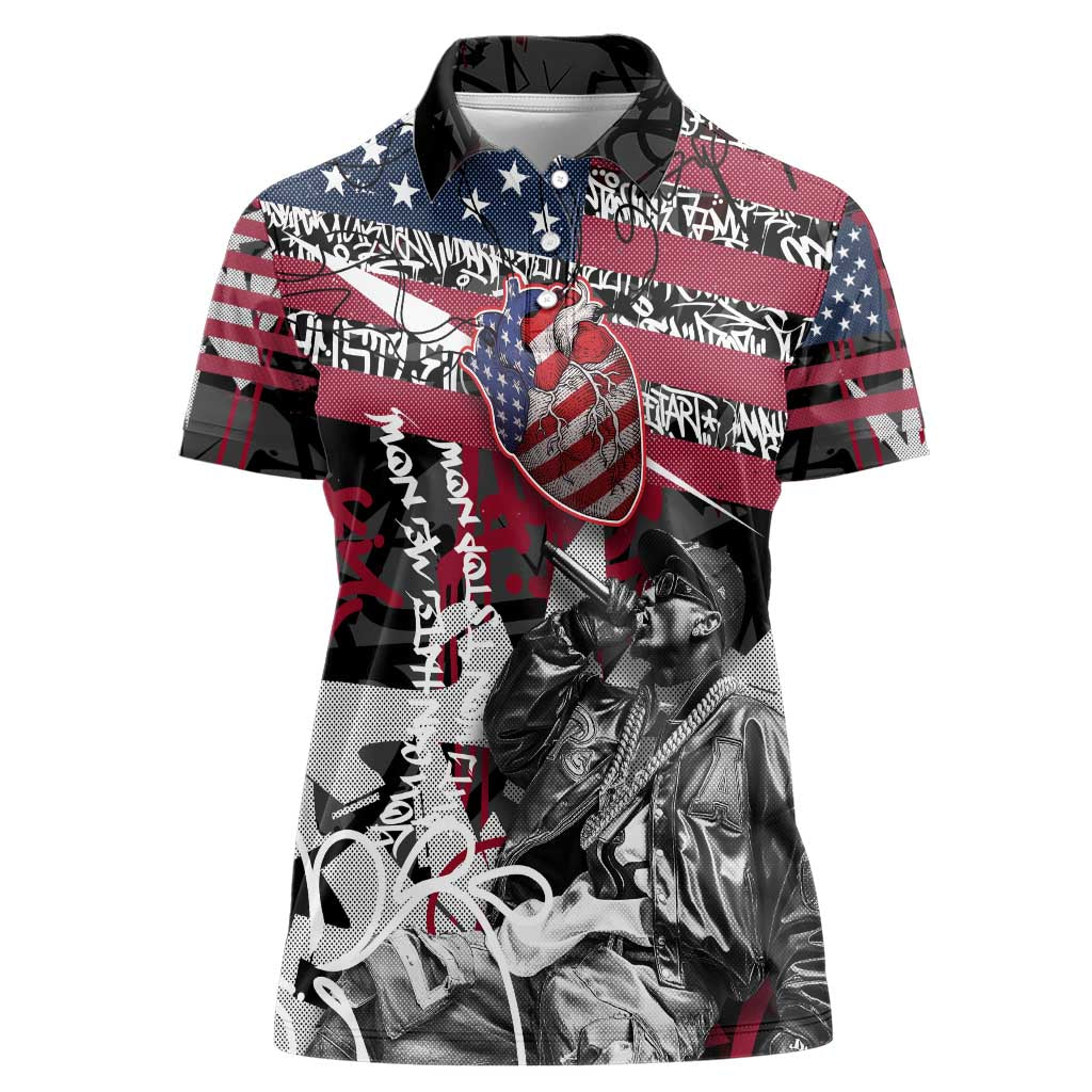 Hip Hop Graffiti Women Polo Shirt with Rapper Portrait and American Flag Street Art - Wonder Print Shop