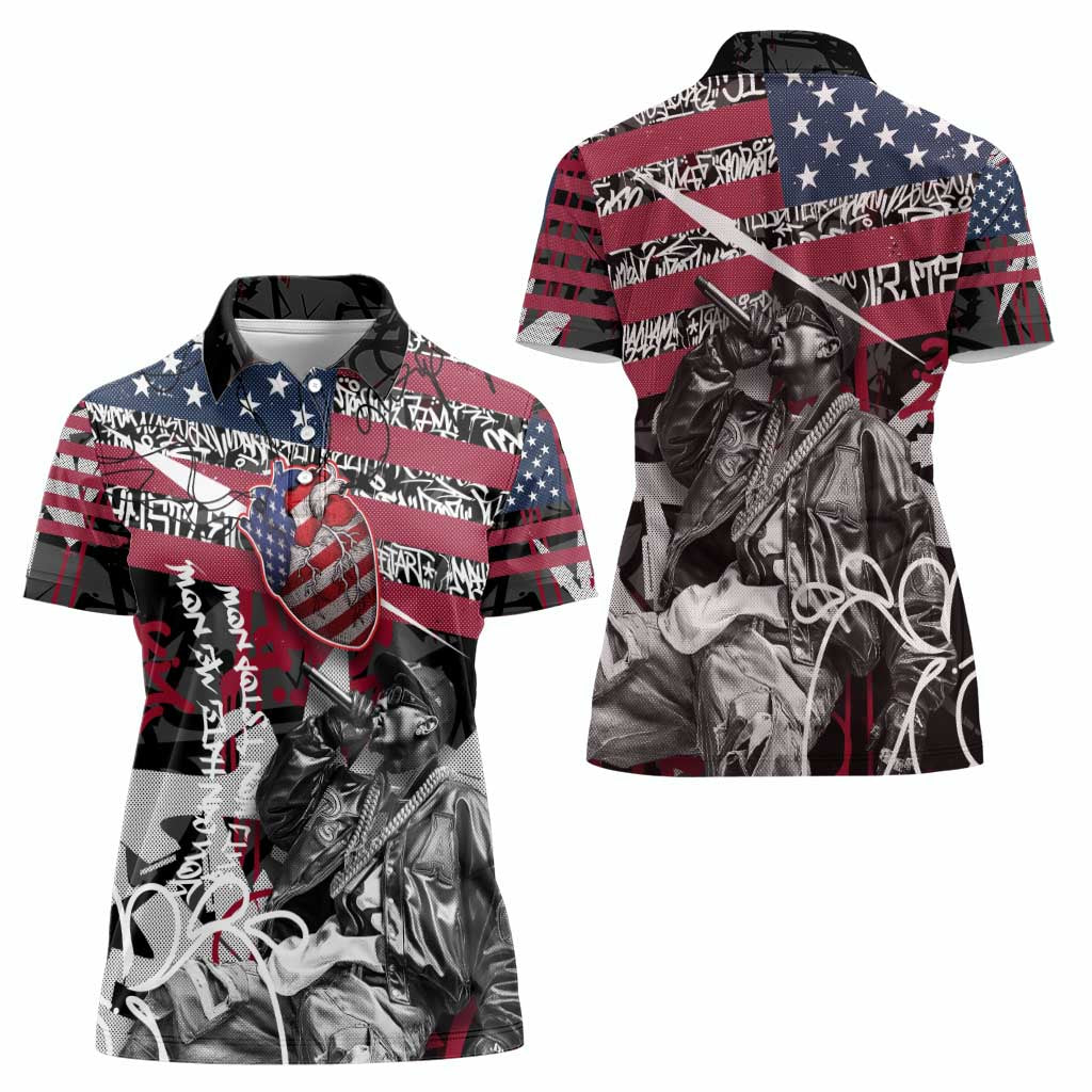 Hip Hop Graffiti Women Polo Shirt with Rapper Portrait and American Flag Street Art - Wonder Print Shop