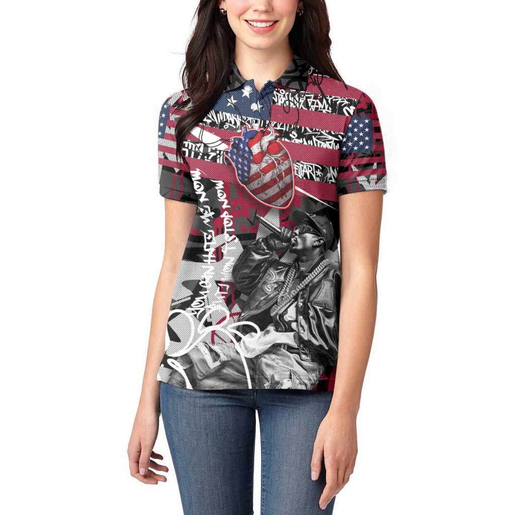 Hip Hop Graffiti Women Polo Shirt with Rapper Portrait and American Flag Street Art - Wonder Print Shop