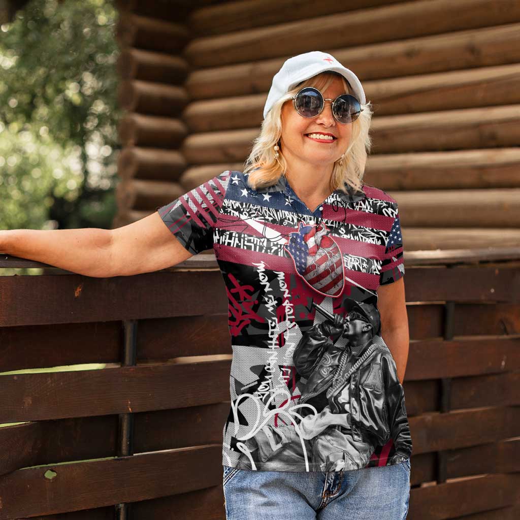 Hip Hop Graffiti Women Polo Shirt with Rapper Portrait and American Flag Street Art - Wonder Print Shop