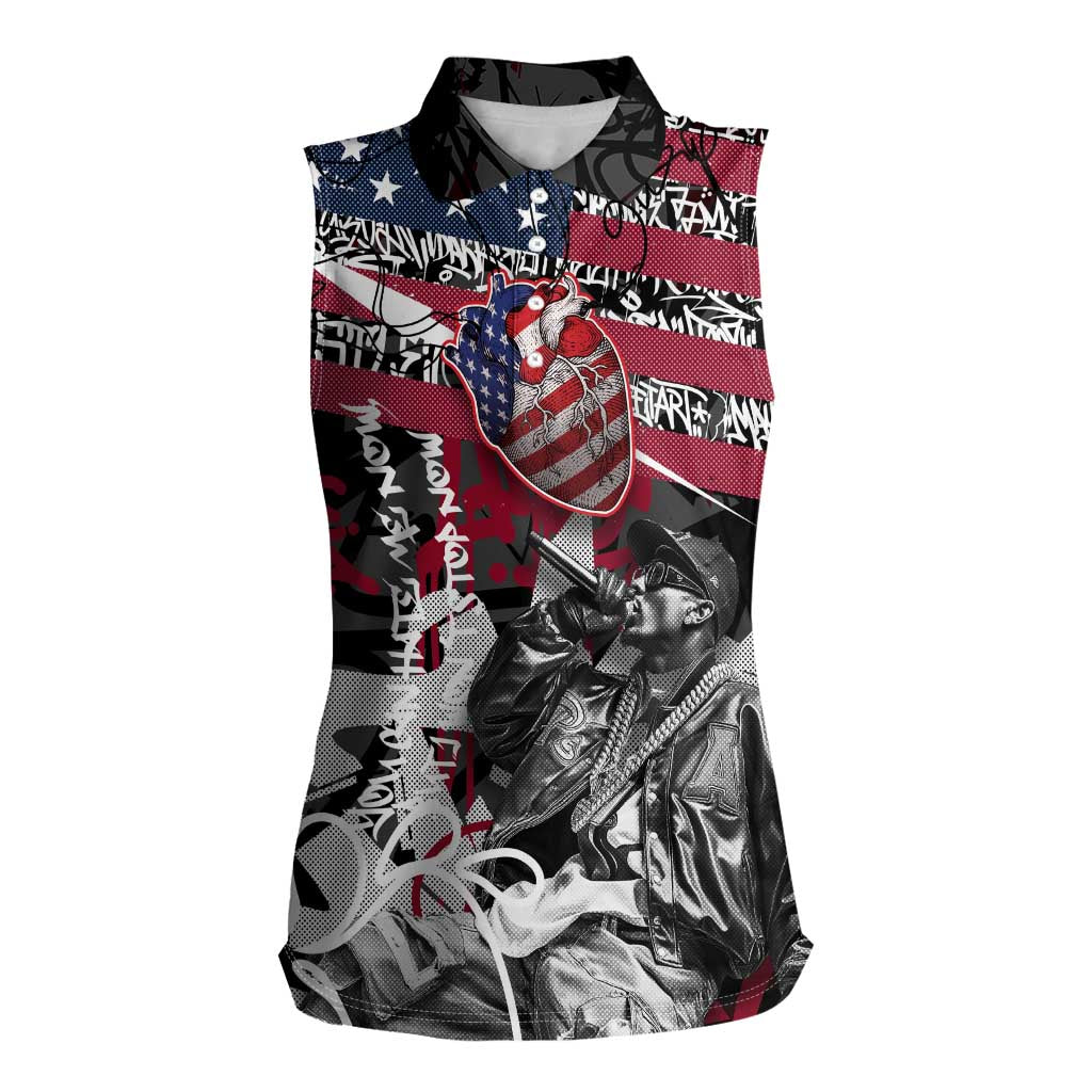 Hip Hop Graffiti Women Sleeveless Polo Shirt with Rapper Portrait and American Flag Street Art - Wonder Print Shop