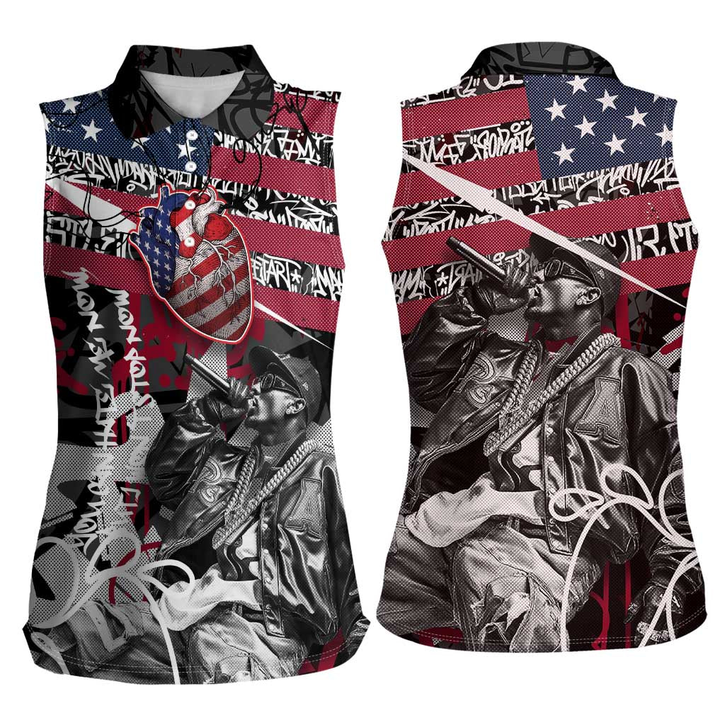 Hip Hop Graffiti Women Sleeveless Polo Shirt with Rapper Portrait and American Flag Street Art - Wonder Print Shop