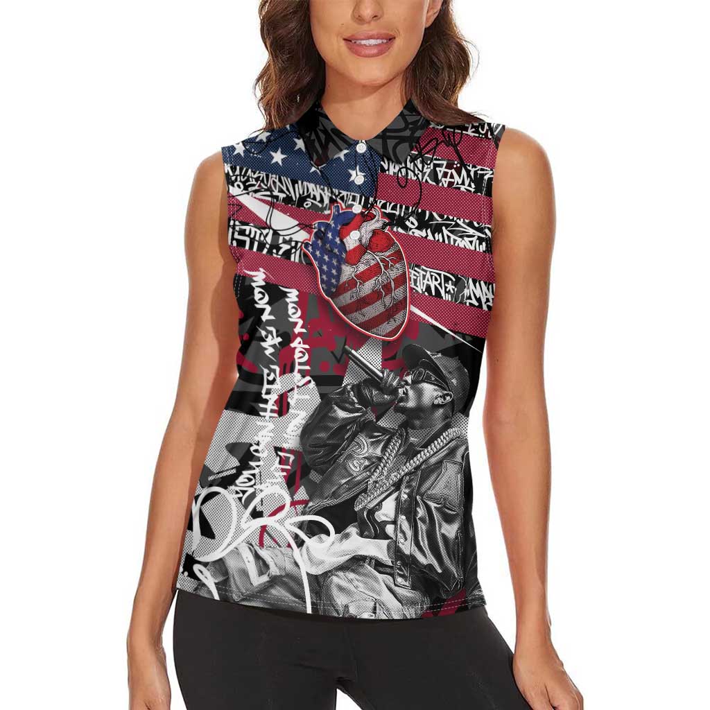 Hip Hop Graffiti Women Sleeveless Polo Shirt with Rapper Portrait and American Flag Street Art - Wonder Print Shop