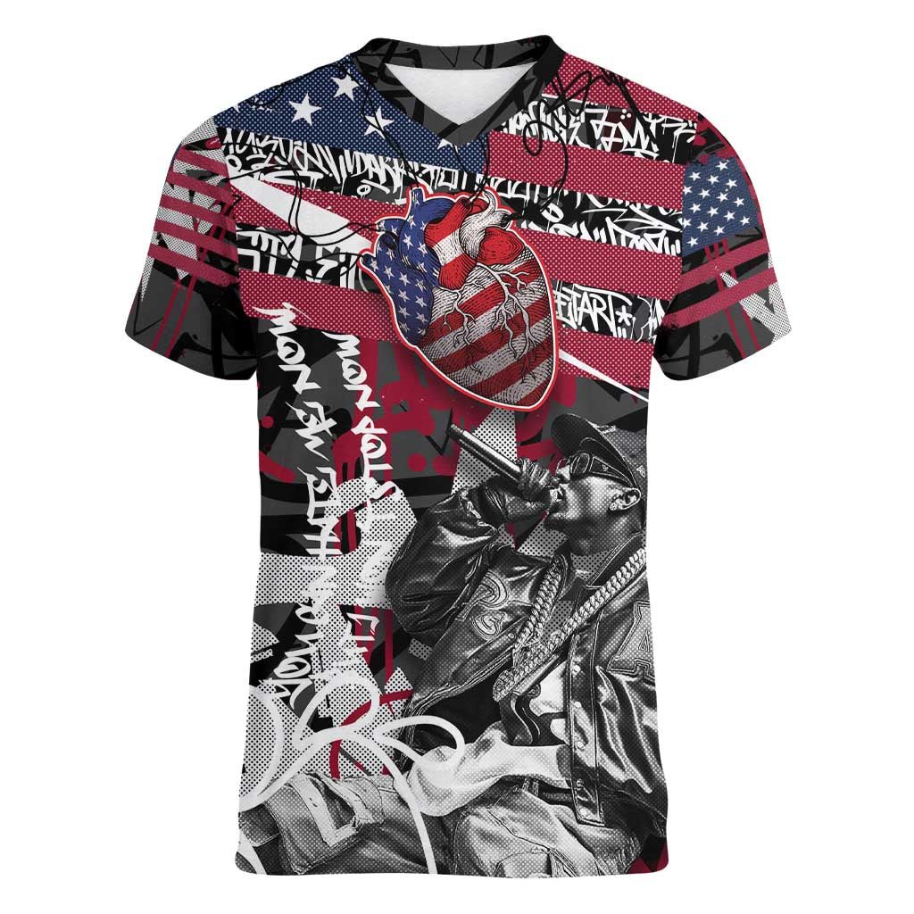 Hip Hop Graffiti Women V-Neck T-Shirt with Rapper Portrait and American Flag Street Art - Wonder Print Shop