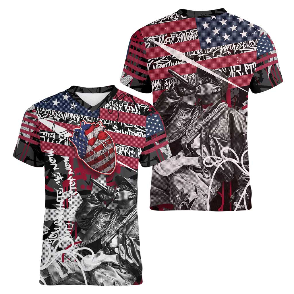 Hip Hop Graffiti Women V-Neck T-Shirt with Rapper Portrait and American Flag Street Art - Wonder Print Shop