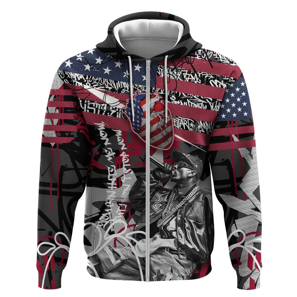 Hip Hop Graffiti Zip Hoodie with Rapper Portrait and American Flag Street Art - Wonder Print Shop