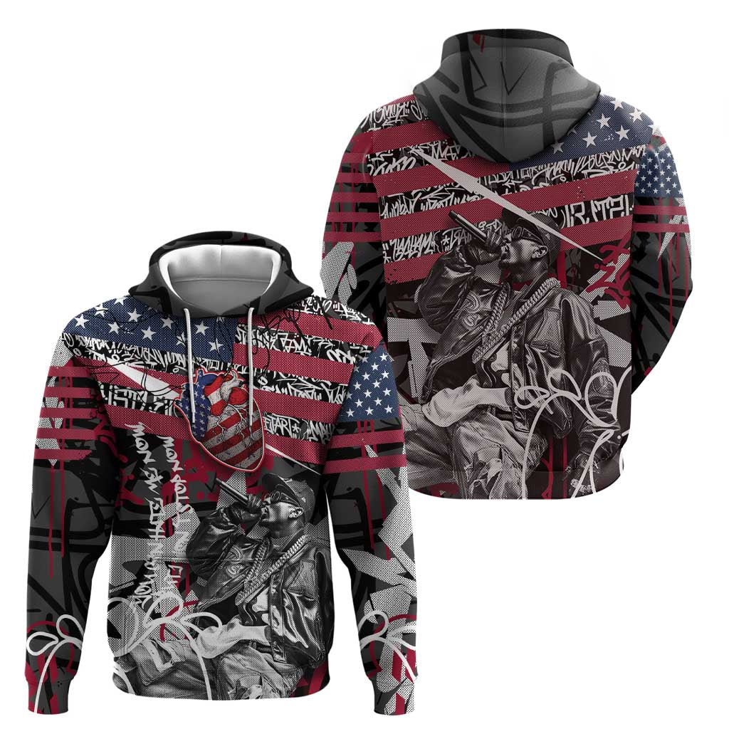 Hip Hop Graffiti Zip Hoodie with Rapper Portrait and American Flag Street Art - Wonder Print Shop