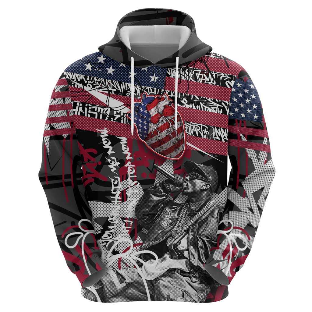 Hip Hop Graffiti Zip Hoodie with Rapper Portrait and American Flag Street Art - Wonder Print Shop