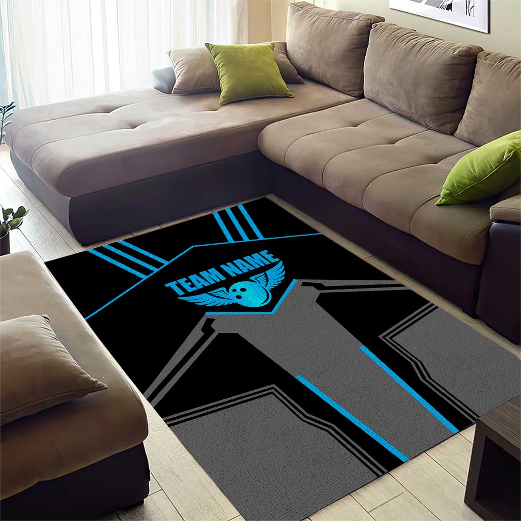 Custom Bowling Team Area Rug with Blue Bowling Pin Heartbeat Graphic and Winged Emblem - Wonder Print Shop