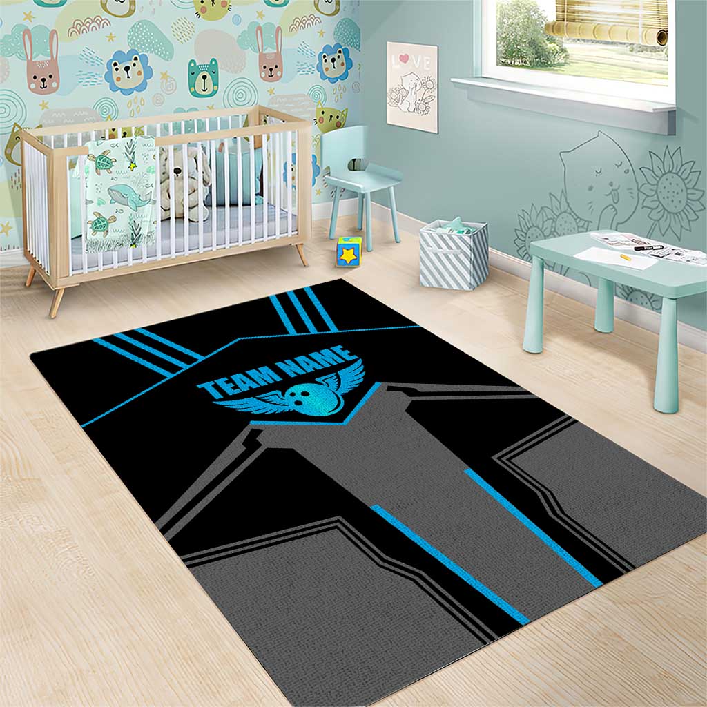 Custom Bowling Team Area Rug with Blue Bowling Pin Heartbeat Graphic and Winged Emblem - Wonder Print Shop