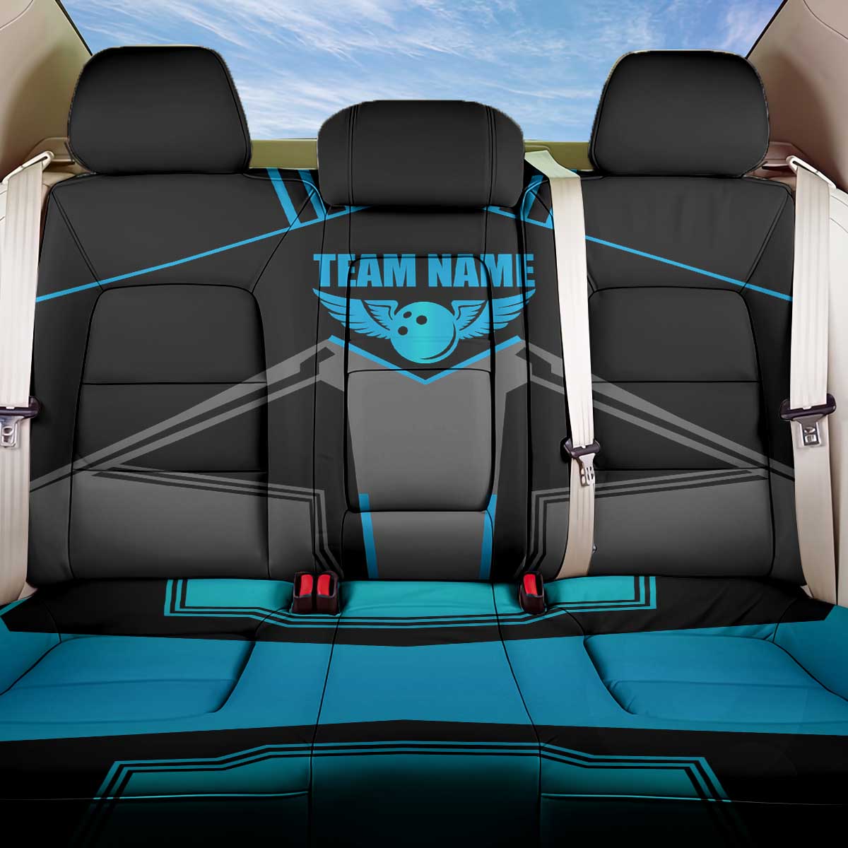 Custom Bowling Team Back Car Seat Cover with Blue Bowling Pin Heartbeat Graphic and Winged Emblem - Wonder Print Shop