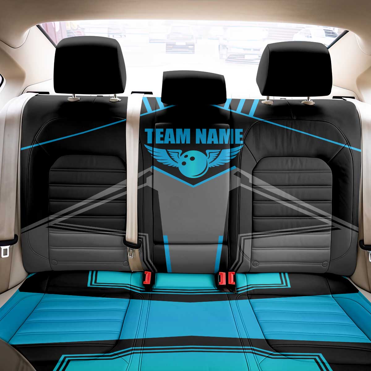 Custom Bowling Team Back Car Seat Cover with Blue Bowling Pin Heartbeat Graphic and Winged Emblem - Wonder Print Shop