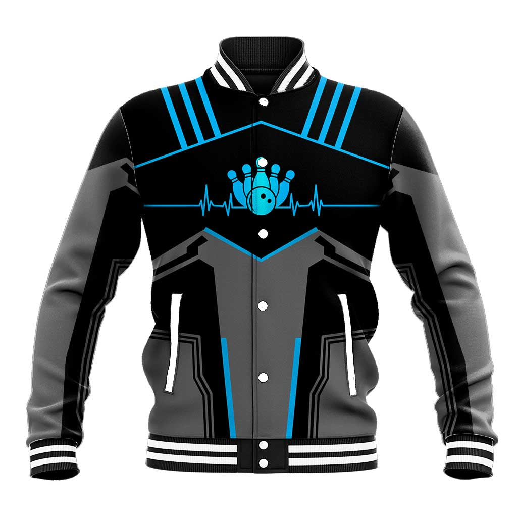 Custom Bowling Team Baseball Jacket with Blue Bowling Pin Heartbeat Graphic and Winged Emblem - Wonder Print Shop