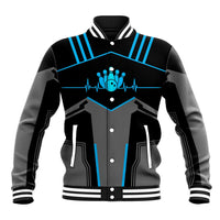 Custom Bowling Team Baseball Jacket with Blue Bowling Pin Heartbeat Graphic and Winged Emblem - Wonder Print Shop