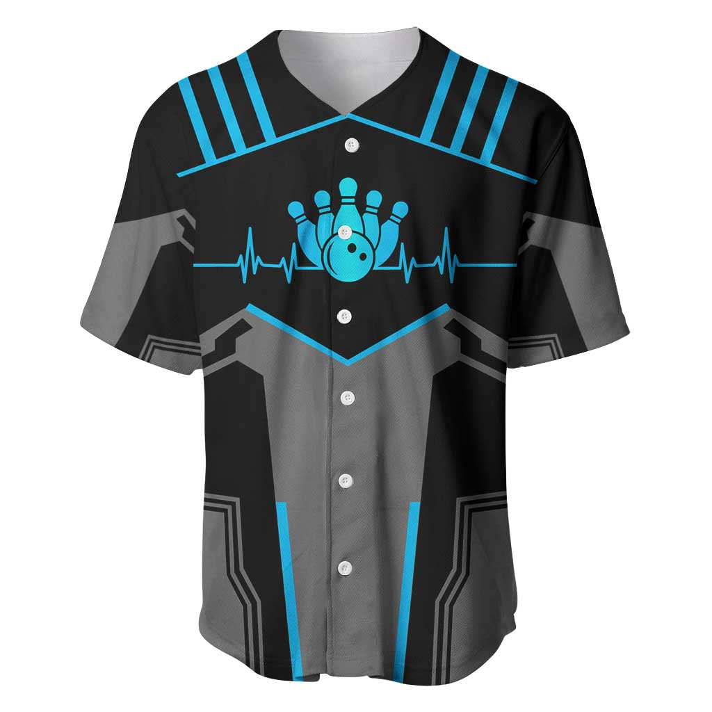 Custom Bowling Team Baseball Jersey with Blue Bowling Pin Heartbeat Graphic and Winged Emblem - Wonder Print Shop