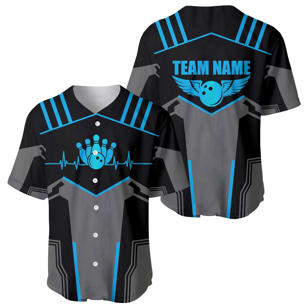 Custom Bowling Team Baseball Jersey with Blue Bowling Pin Heartbeat Graphic and Winged Emblem - Wonder Print Shop