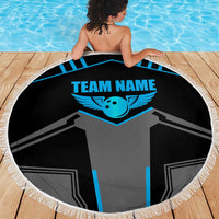 Custom Bowling Team Beach Blanket with Blue Bowling Pin Heartbeat Graphic and Winged Emblem - Wonder Print Shop