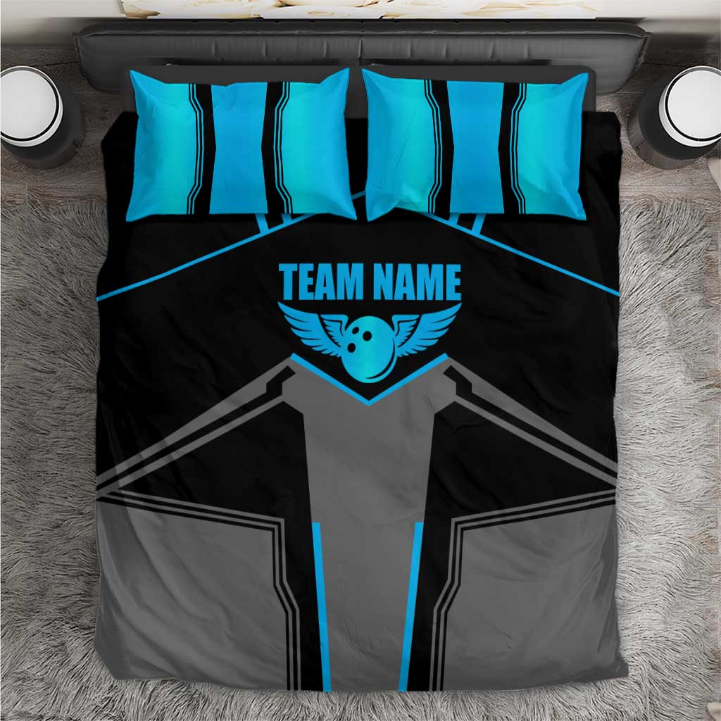 Custom Bowling Team Bedding Set with Blue Bowling Pin Heartbeat Graphic and Winged Emblem - Wonder Print Shop