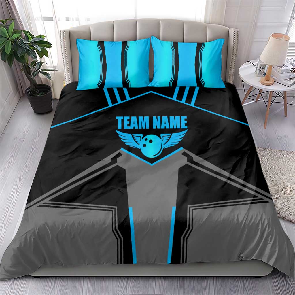 Custom Bowling Team Bedding Set with Blue Bowling Pin Heartbeat Graphic and Winged Emblem - Wonder Print Shop