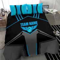 Custom Bowling Team Bedding Set with Blue Bowling Pin Heartbeat Graphic and Winged Emblem - Wonder Print Shop